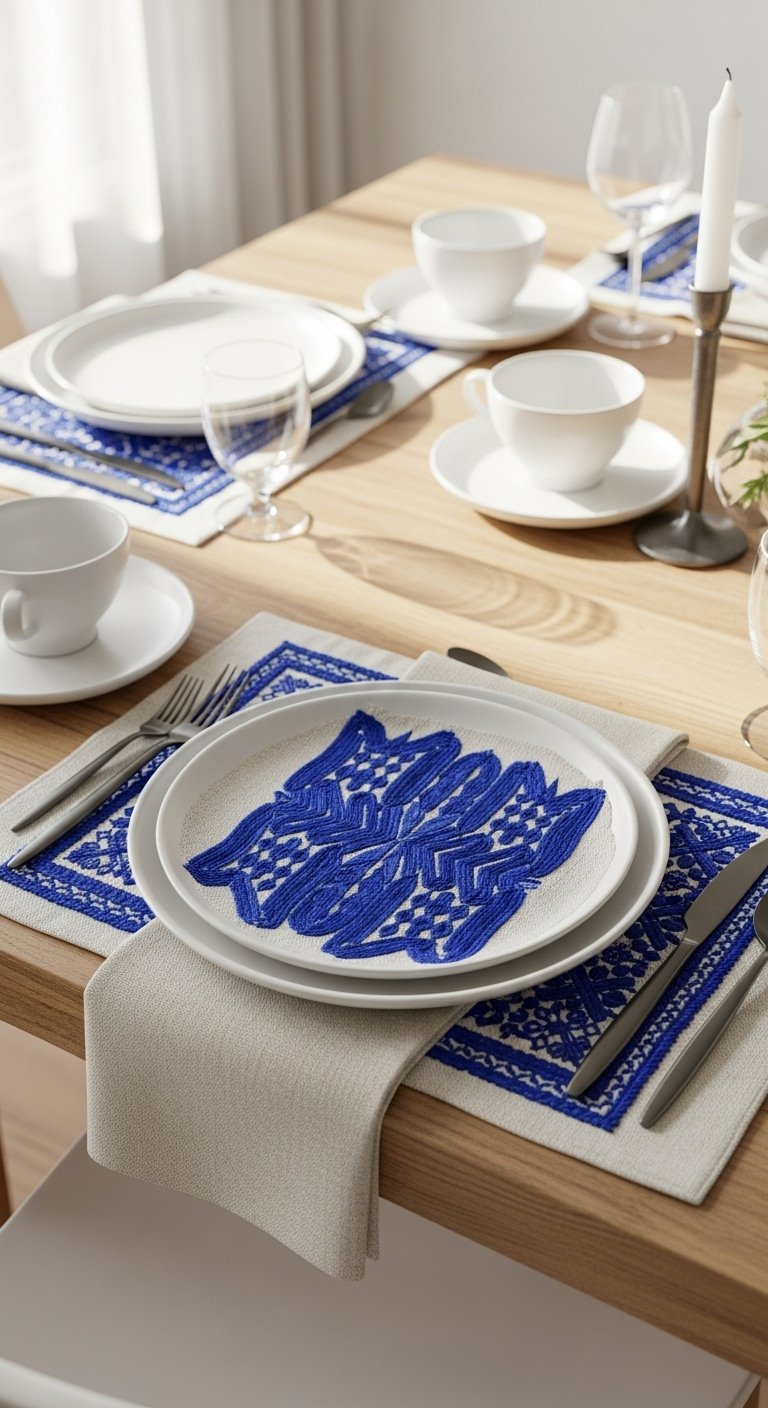 Hyperrealistic modern dining table with minimalist white plates intricately embroidered Otomi placemats and matte black cutlery