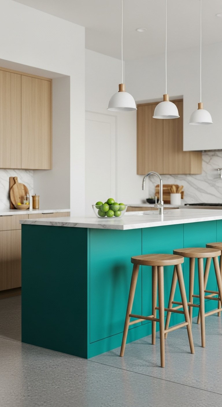 Hyperrealistic modern kitchen island in vibrant turquoise with white marble waterfall countertop wooden bar stools and limes