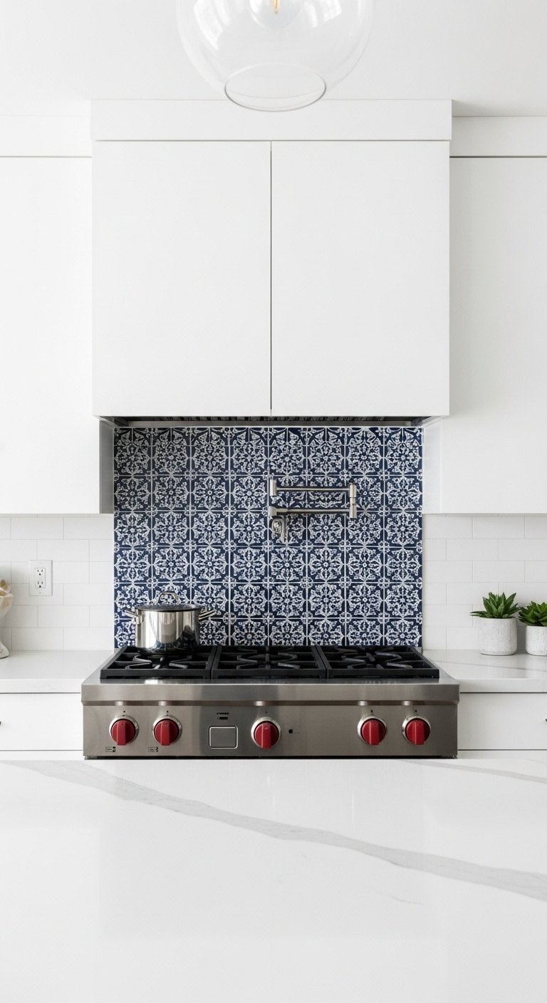 Hyperrealistic modern kitchen with cobalt blue and white Talavera tile backsplash minimalist white cabinets and sleek gas stovetop