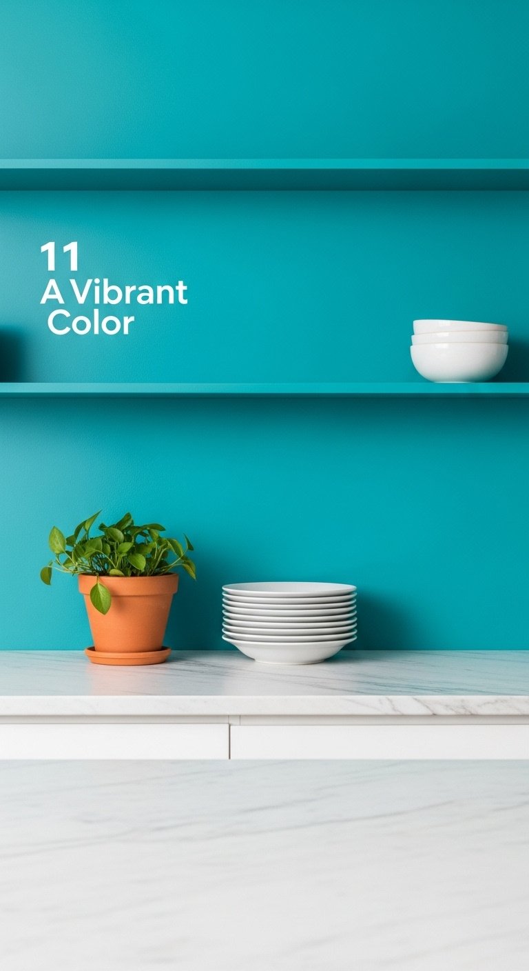 Hyperrealistic modern kitchen with vibrant turquoise wall minimalist open shelving terracotta pot and white dishes