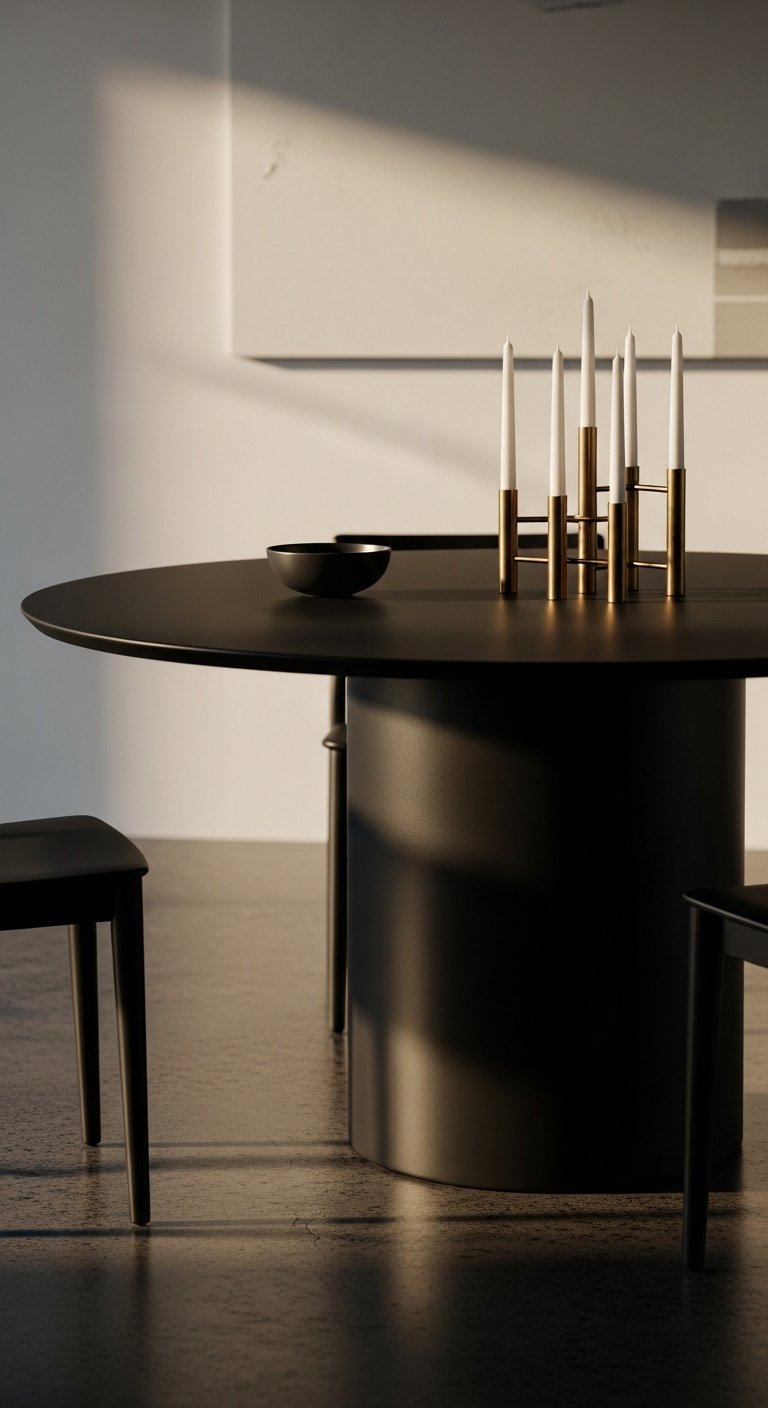 Hyperrealistic modern moody matte charcoal black painted kitchen table on concrete floor with brass accents