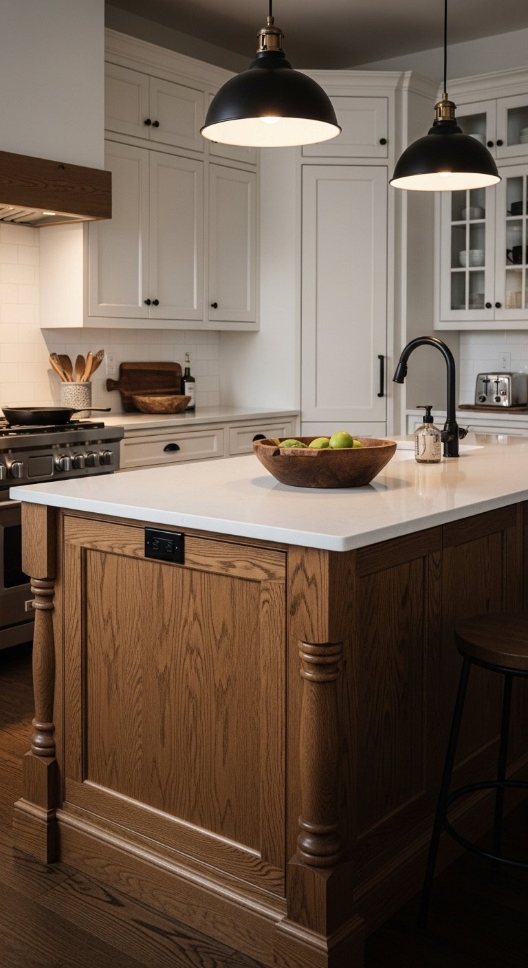 Hyperrealistic modern rustic kitchen with white painted perimeter cabinets and natural oak wood island