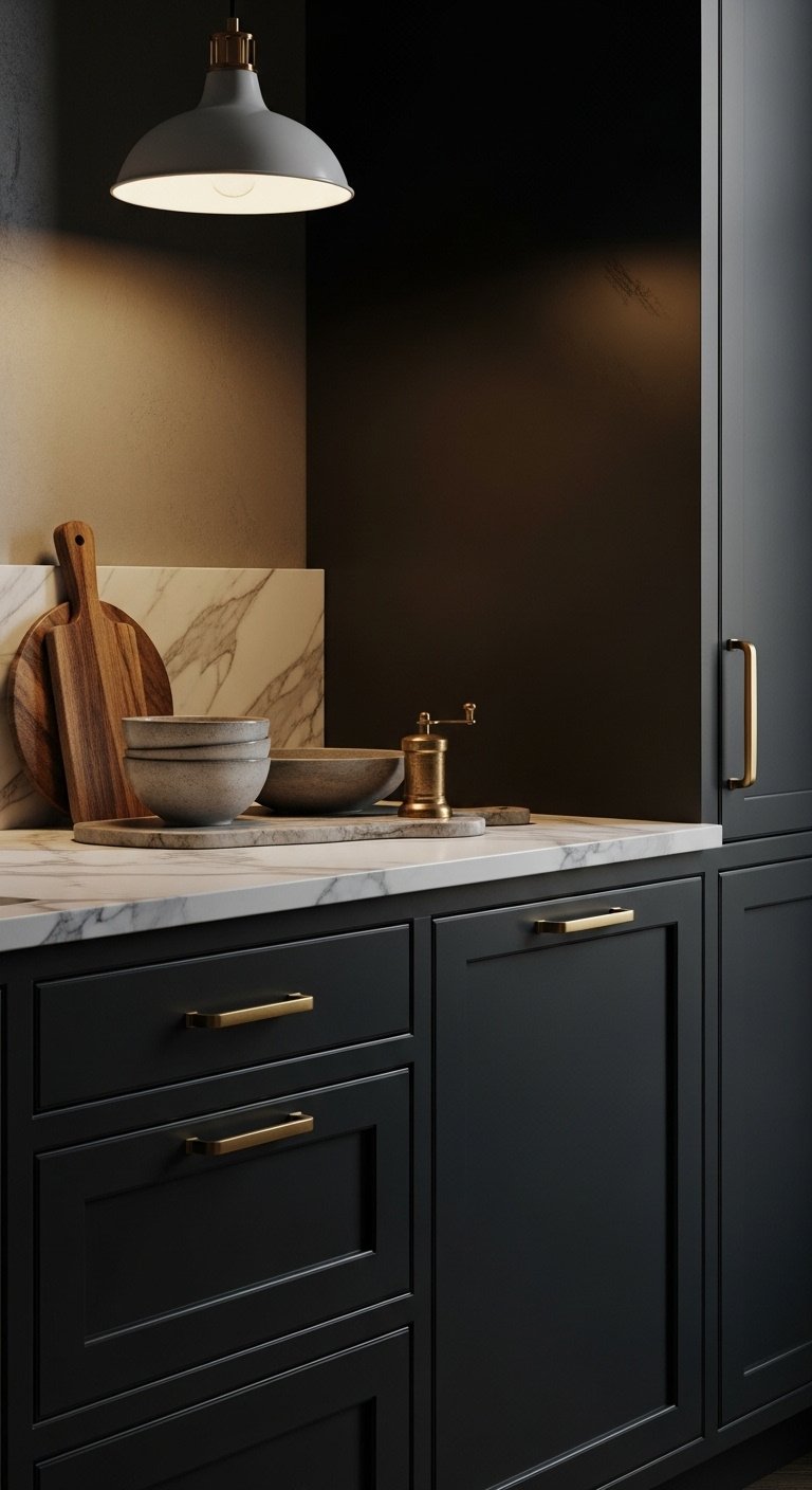 Hyperrealistic moody kitchen with bold dark charcoal black cabinets gold hardware and white marble countertop