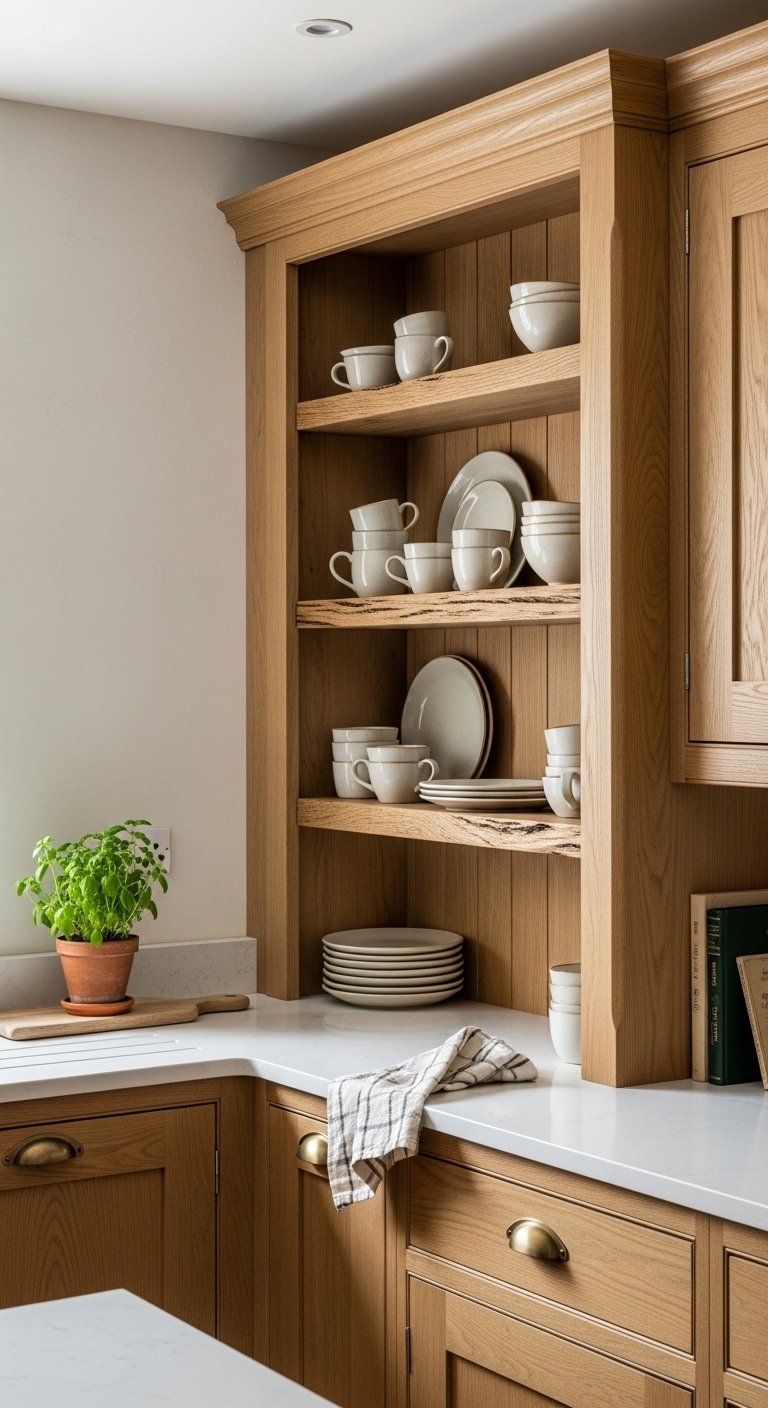 Hyperrealistic natural earthy kitchen with warm oak cabinets rustic open shelving ceramic mugs soft natural light and cozy rustic mood