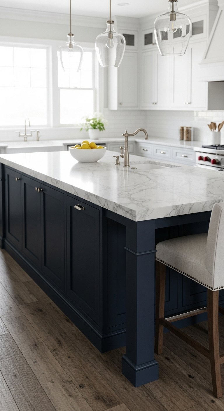 Hyperrealistic navy blue kitchen island with white marble countertop elegant bar stools and pendant lights in a bright kitchen