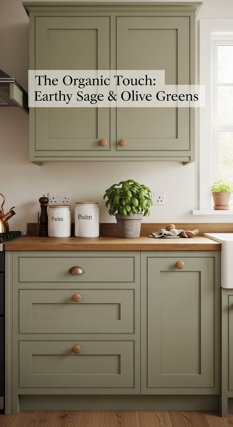 Hyperrealistic organic kitchen with earthy sage green cabinets wooden knobs and butcher block countertop