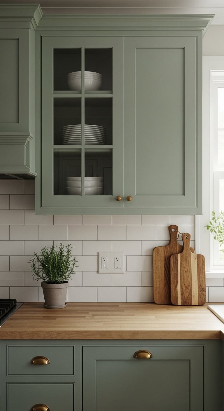 Hyperrealistic photo of earthy sage green kitchen cabinets with glass fronts butcher block counters herb plant brass knobs subway tile natural light