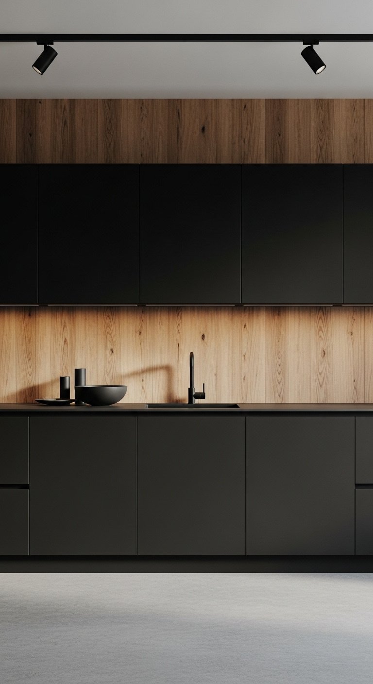 Hyperrealistic photo of matte charcoal black flat panel kitchen cabinets with integrated countertop oak accent wall concrete floor minimalist bowl
