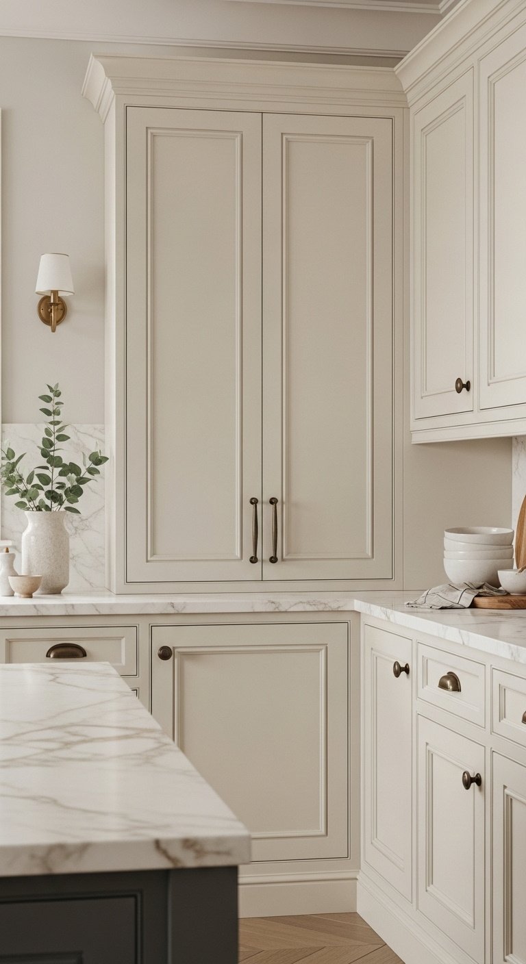 Hyperrealistic photo of warm creamy white shaker kitchen cabinets with marble counters aged brass pulls eucalyptus in a vase soft natural light