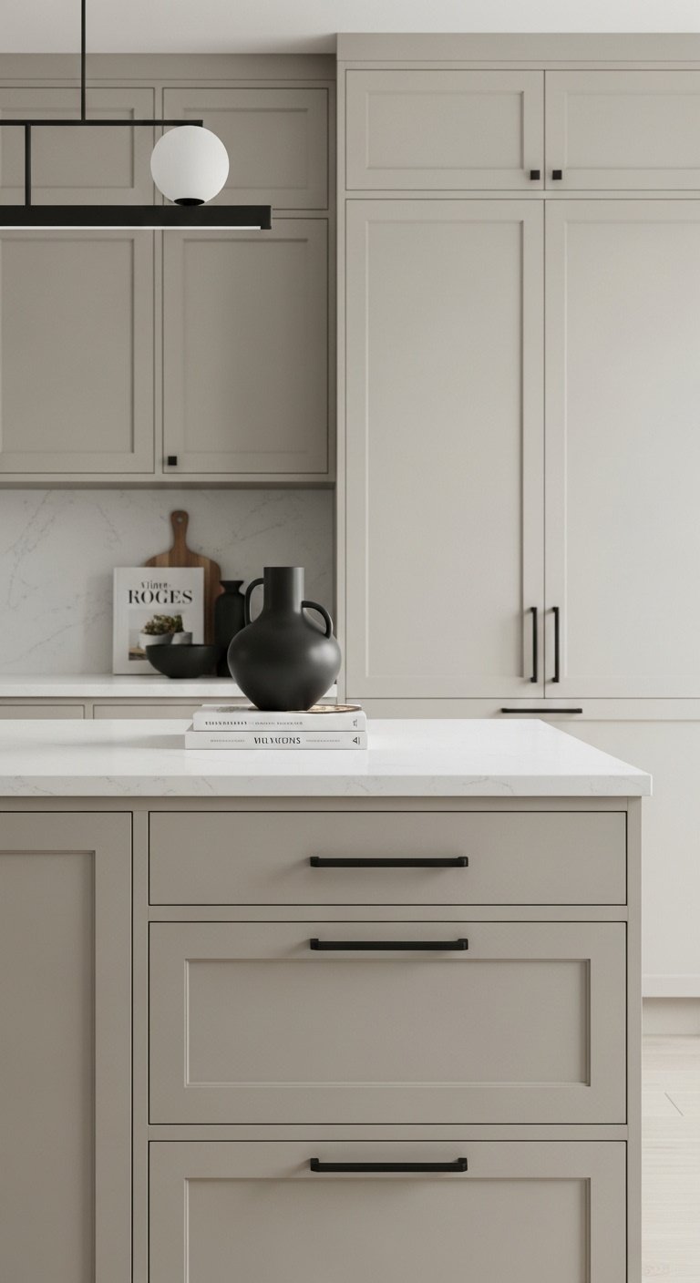 Hyperrealistic photo of warm greige flat panel kitchen cabinets with white quartz matte black handles black vase cookbook studio light
