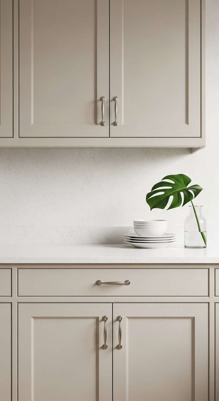 Hyperrealistic quiet luxury kitchen with understated greige cabinets polished nickel handles and light quartz