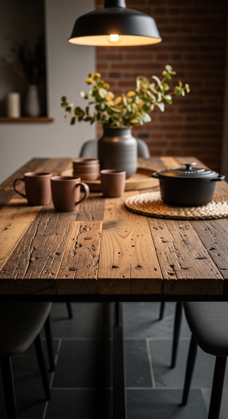 Hyperrealistic rustic dining table makeover with reclaimed wood top on slate flooring with brick wall background