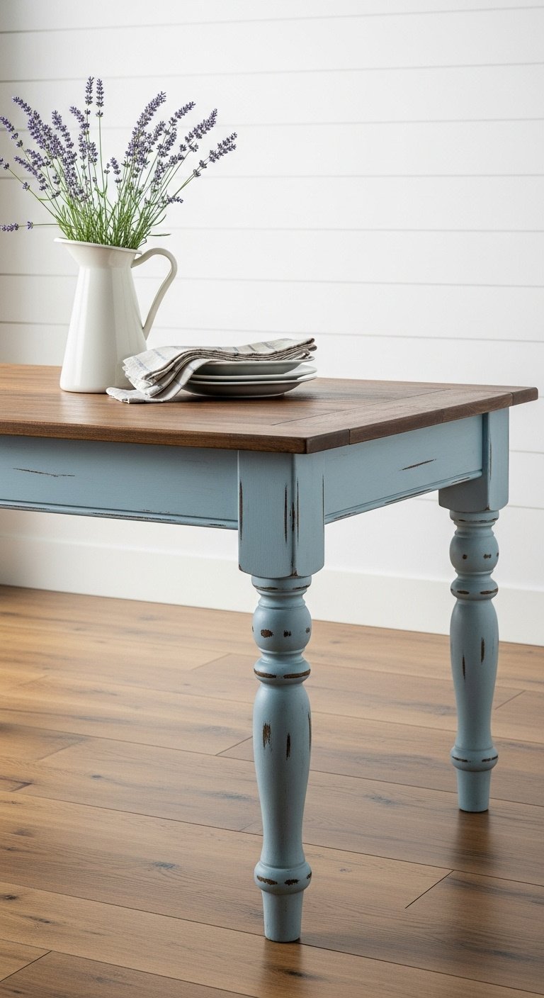 Hyperrealistic rustic distressed duck egg blue chalk painted farmhouse kitchen table on wood floor with lavender