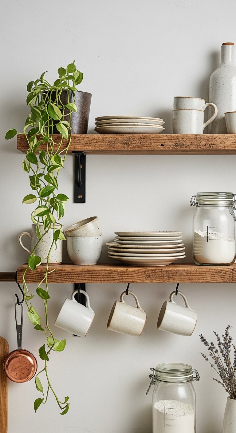 Hyperrealistic rustic open kitchen shelving with ceramic mugs plates flour jar pothos plant copper cup and dried lavender