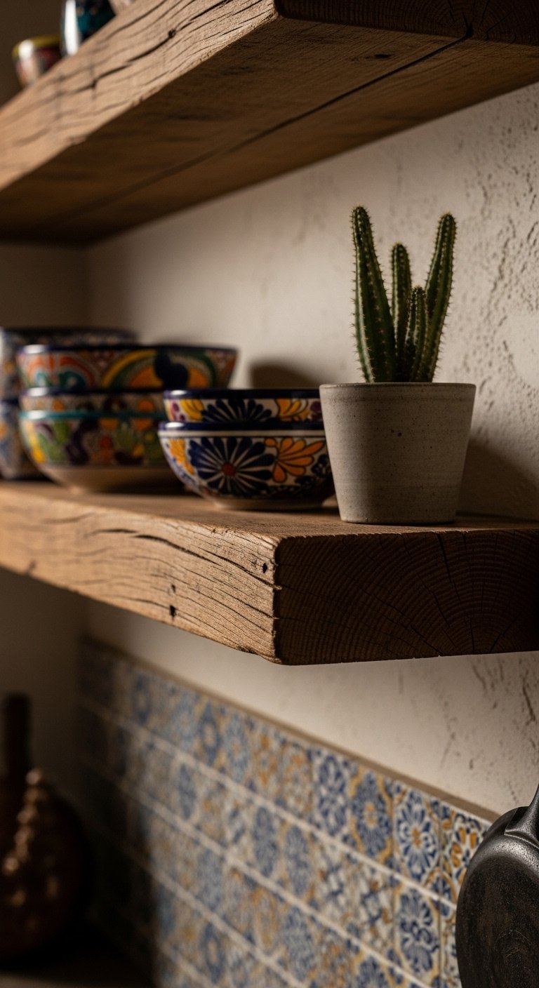 Hyperrealistic rustic reclaimed wood open shelf with hand-painted ceramic bowls potted cactus and cast iron pan