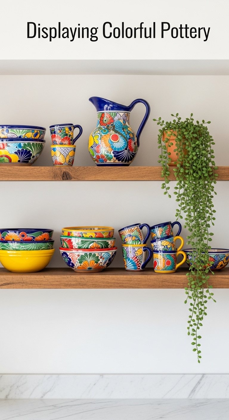 Hyperrealistic rustic wood open shelves with vibrant hand-painted Mexican ceramic pottery and a trailing green plant