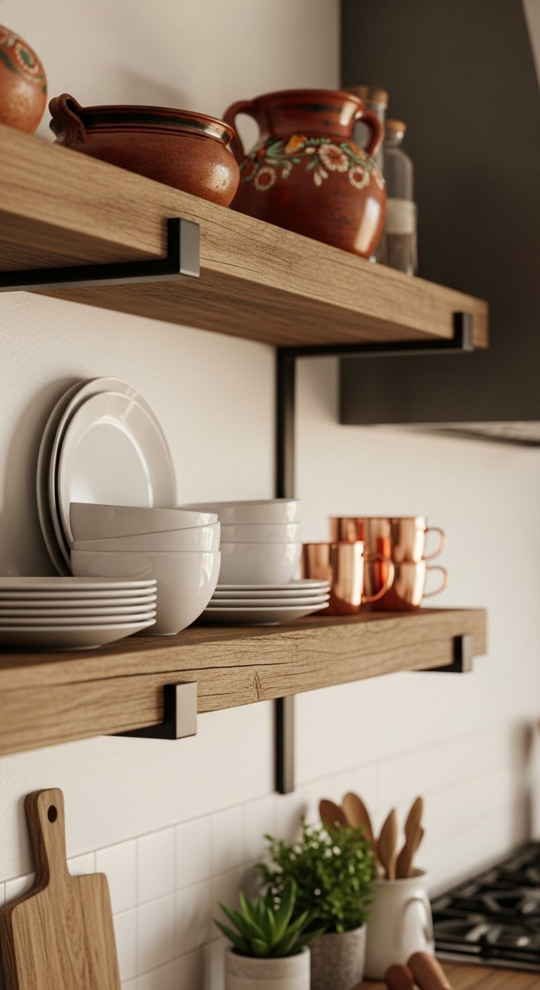 Hyperrealistic rustic wood open shelving with modern white ceramic dishes Mexican terracotta pottery succulent and copper mugs