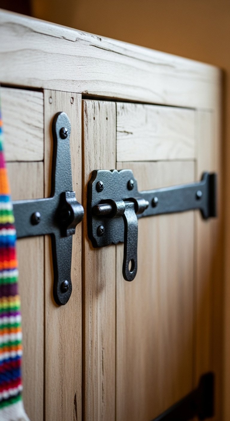 Hyperrealistic rustic wooden cabinet door with heavy black hand-forged wrought iron hinges and matching latch