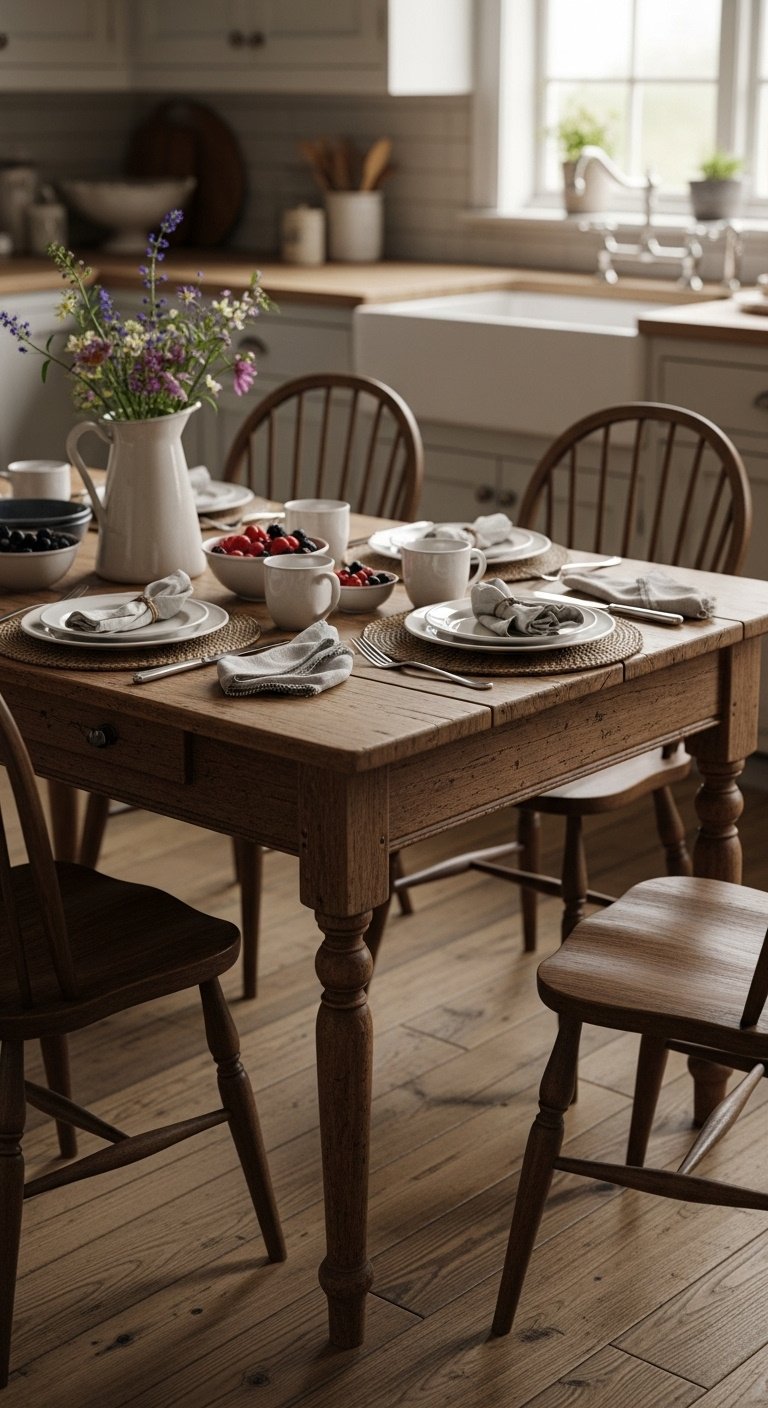 Hyperrealistic rustic wooden farmhouse table with mismatched Windsor chairs wildflowers berries and linen placemats