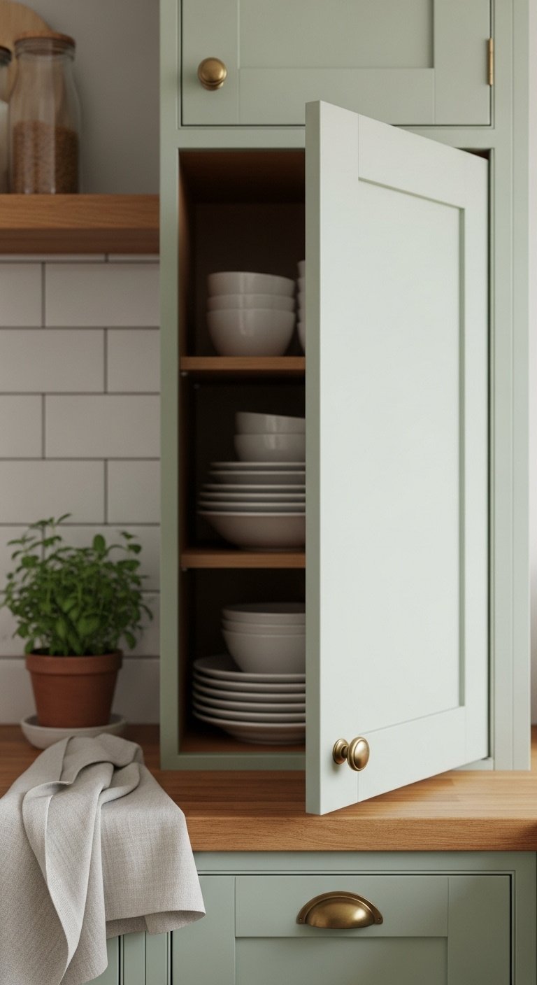 Hyperrealistic sage green shaker cabinets with ceramic plates potted herb brass knob and linen tea towel in natural light