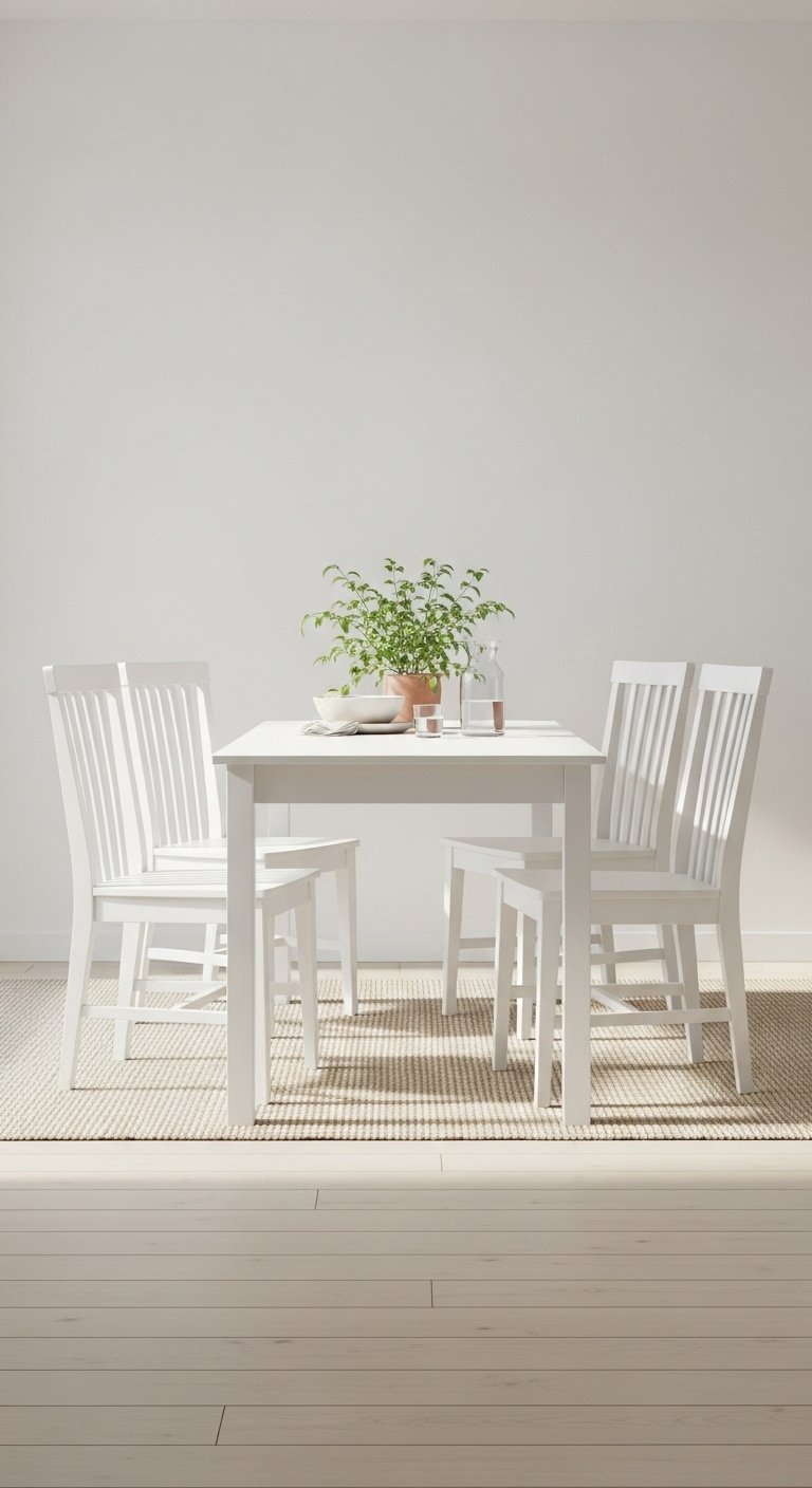 Hyperrealistic sleek all white minimalist painted kitchen table with matching chairs on a light rug with a plant