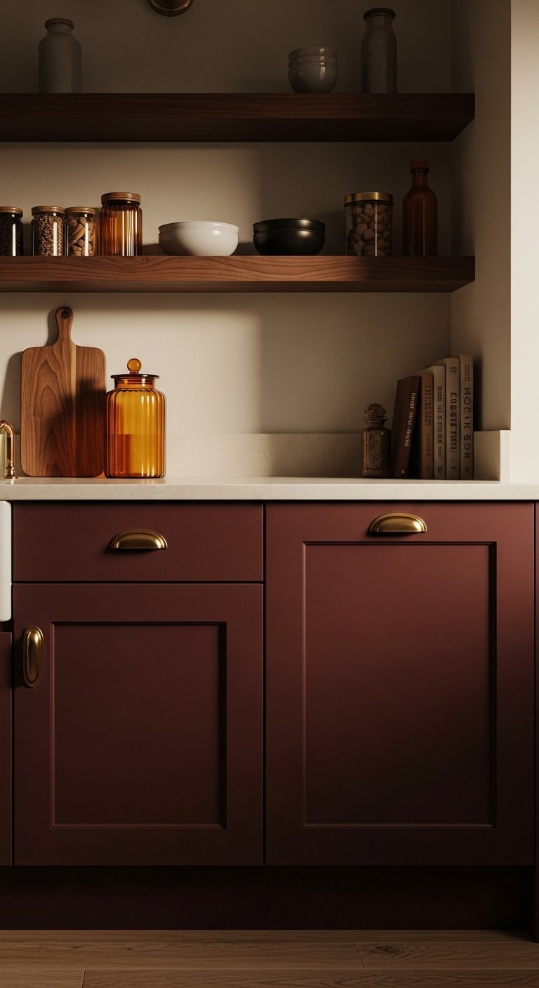 Hyperrealistic sophisticated kitchen with retro deep burgundy lower cabinets, off-white quartz, and gold hardware