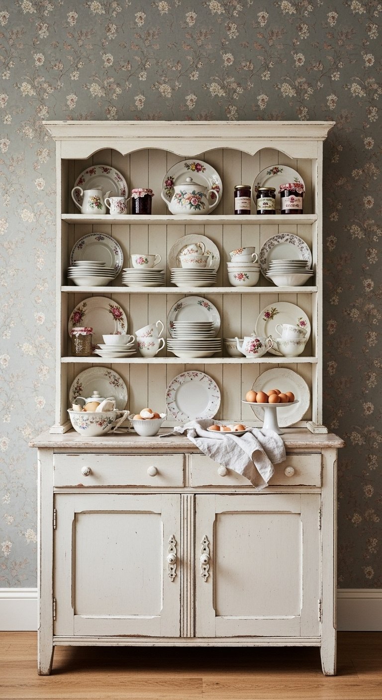 Hyperrealistic thrifted distressed hutch with floral plates antique teacups and jars of preserves in bright studio light