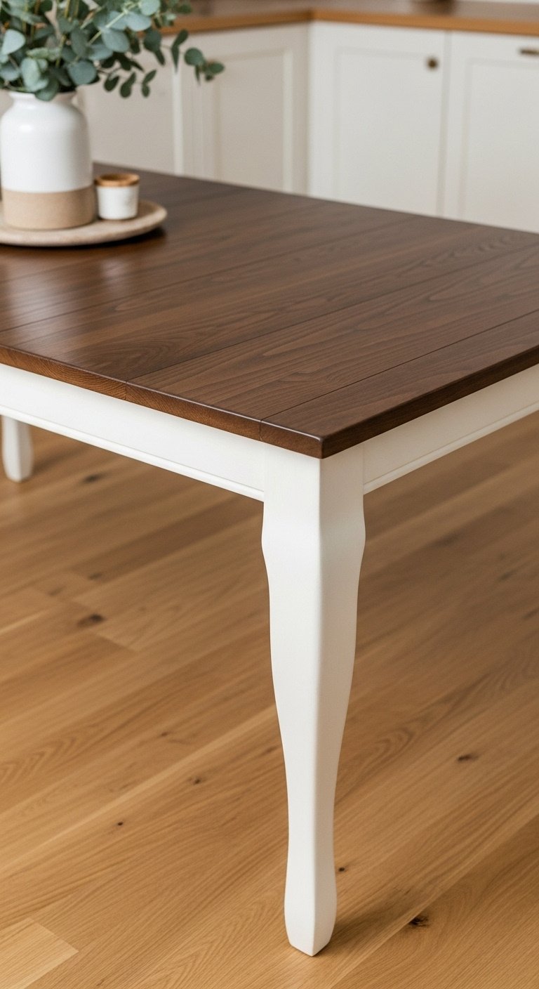 Hyperrealistic two-tone painted kitchen table with dark walnut stained top and antique white legs in a cozy kitchen