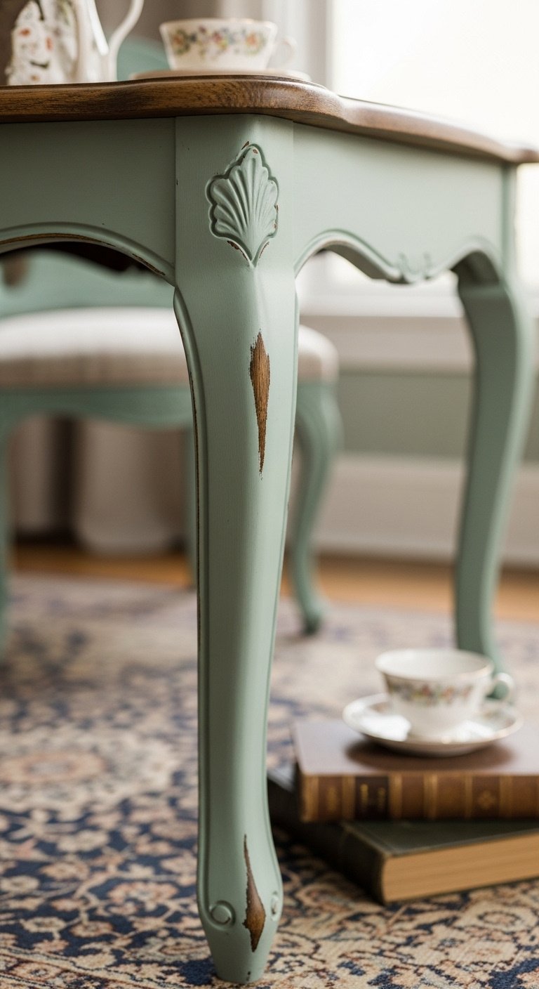 Hyperrealistic vintage dining table with distressed sage green chalk paint finish shabby chic style