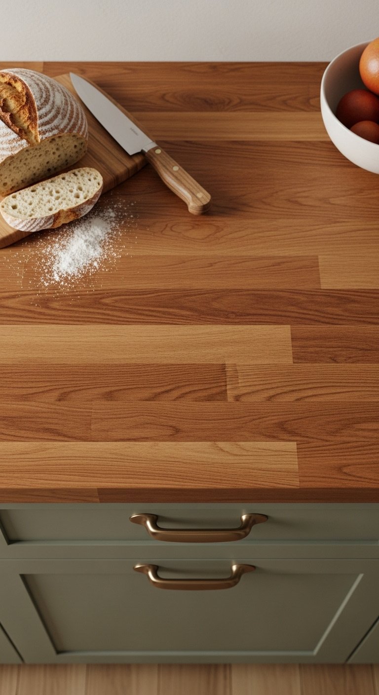 Hyperrealistic warm oiled butcher block countertop with artisan bread knife and flour in bright studio light