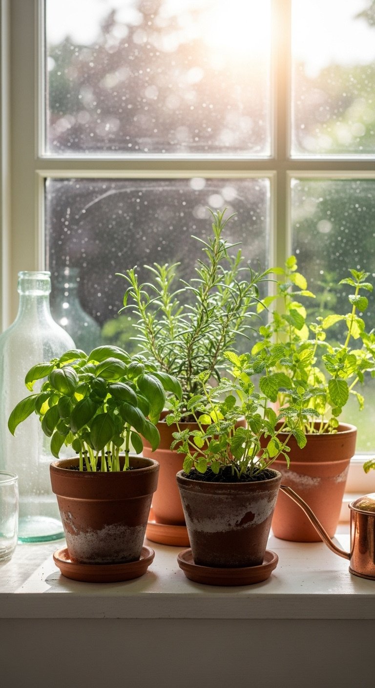 Hyperrealistic windowsill herb garden with terracotta pots basil rosemary mint and copper watering can in sunlight