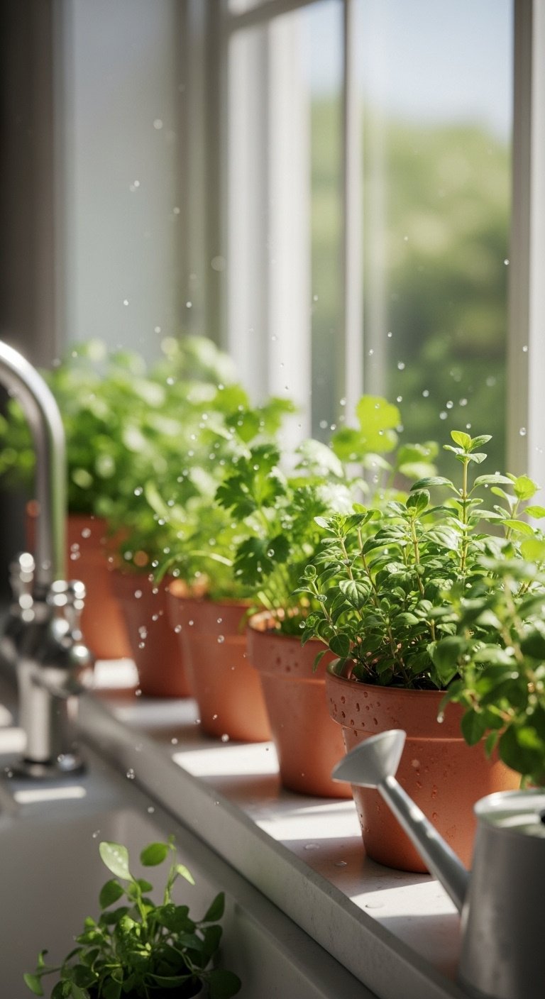 Hyperrealistic windowsill herb garden with terracotta pots lush cilantro oregano and vintage watering can