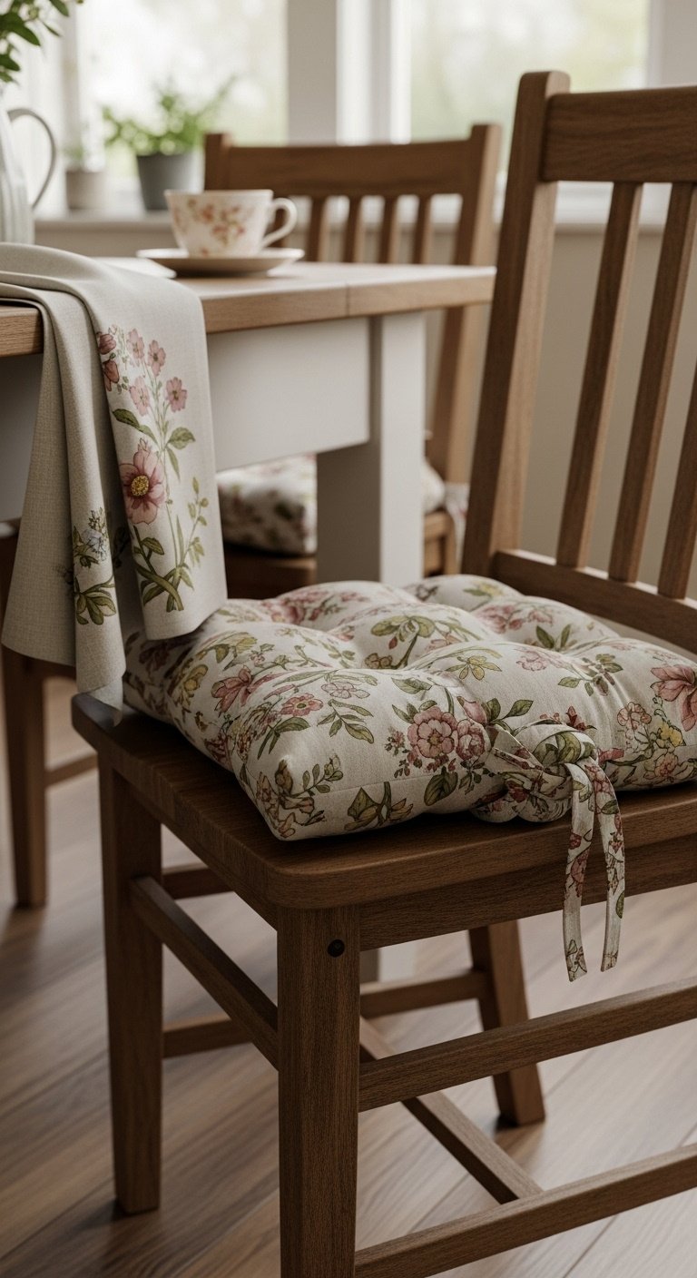 Hyperrealistic wooden kitchen chair with floral cushion and linen tea towel in natural light with teacup and saucer