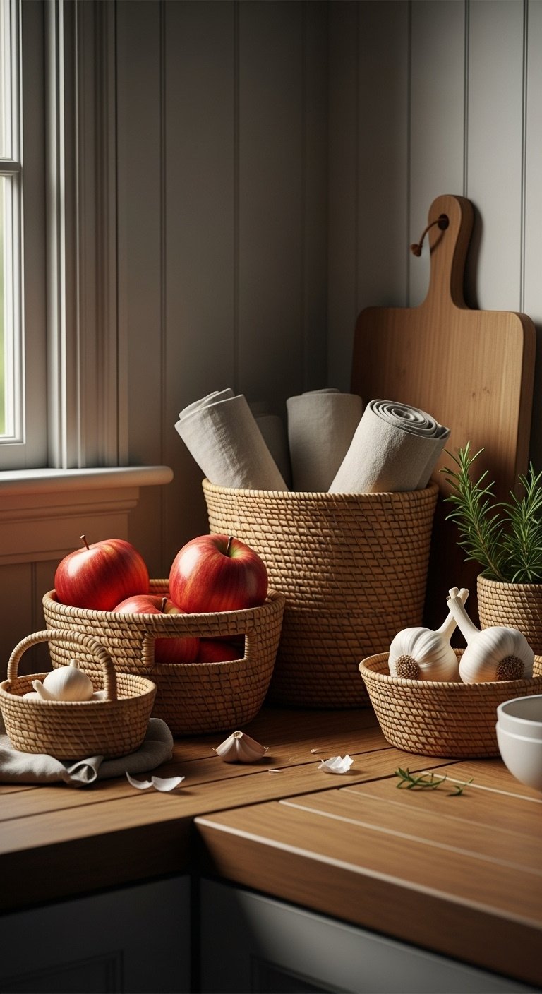 Hyperrealistic woven baskets with apples linen napkins and garlic on a rustic wood counter in warm moody light