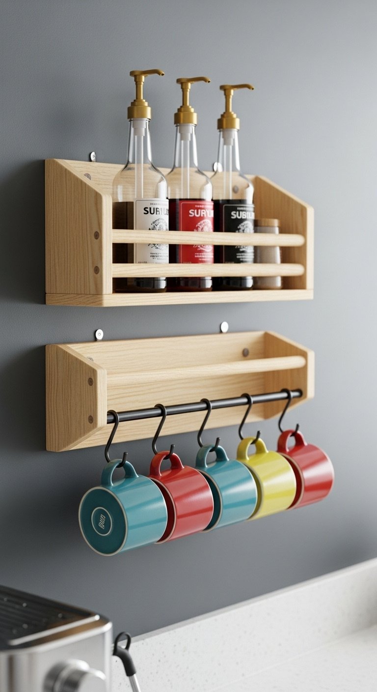 IKEA BEKVÄM spice racks on charcoal wall holding coffee syrup bottles and colorful mugs with S-hooks above a coffee machine