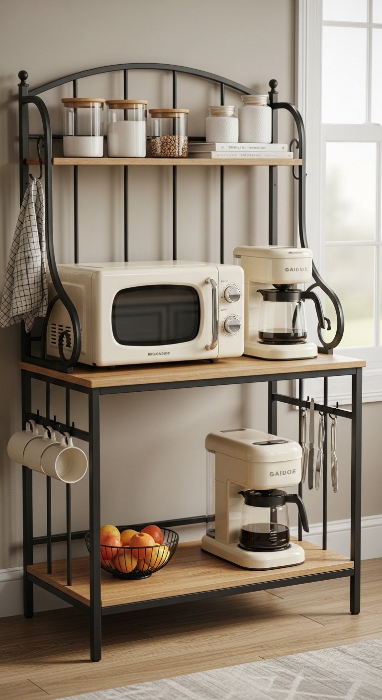 Industrial baker's rack with retro cream microwave drip coffee maker glass canisters cookbook and hanging mugs