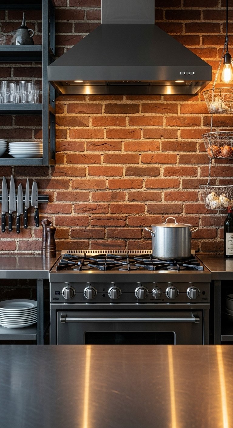 Industrial chic kitchen with an exposed red-brown brick backsplash stainless steel stove and metal shelving under mixed lighting