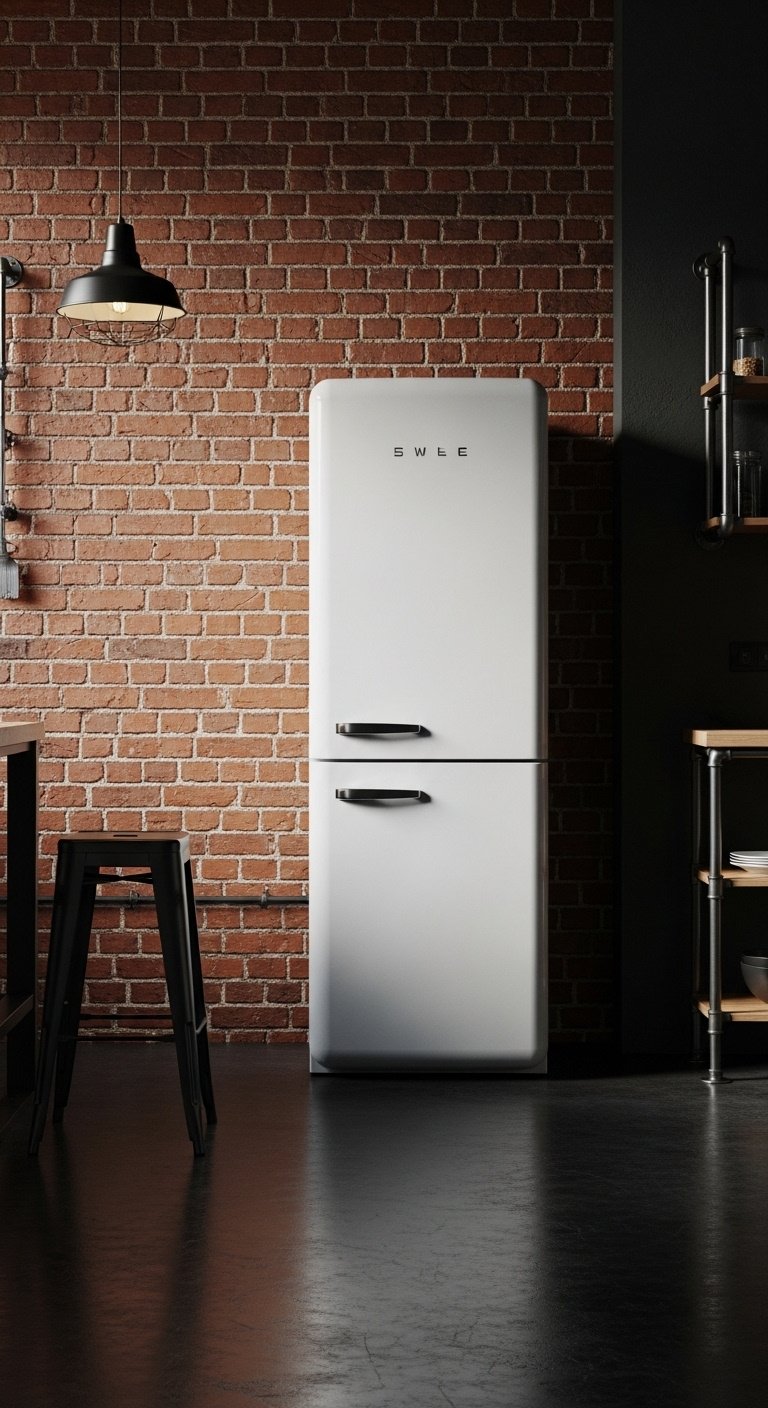 Industrial chic kitchen with sleek glossy white refrigerator rustic exposed red brick wall and black metal bar stool
