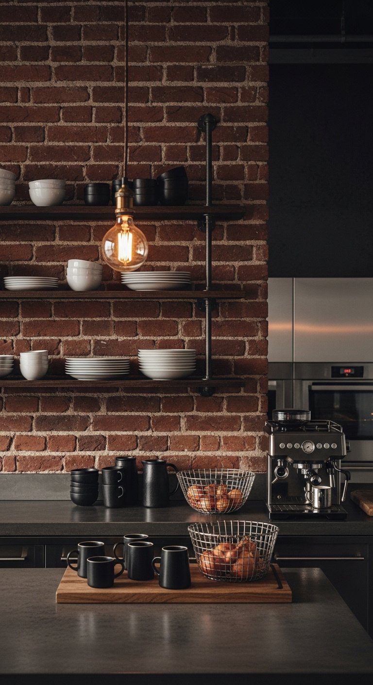 Industrial farmhouse kitchen with dark exposed brick backsplash open wood and iron shelves concrete counter stainless steel appliances and espresso machine