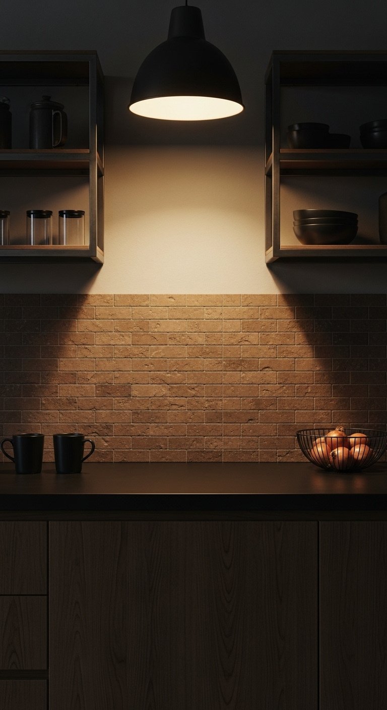 Industrial mocha brick tile backsplash with flat-panel dark brown cabinets and black countertop