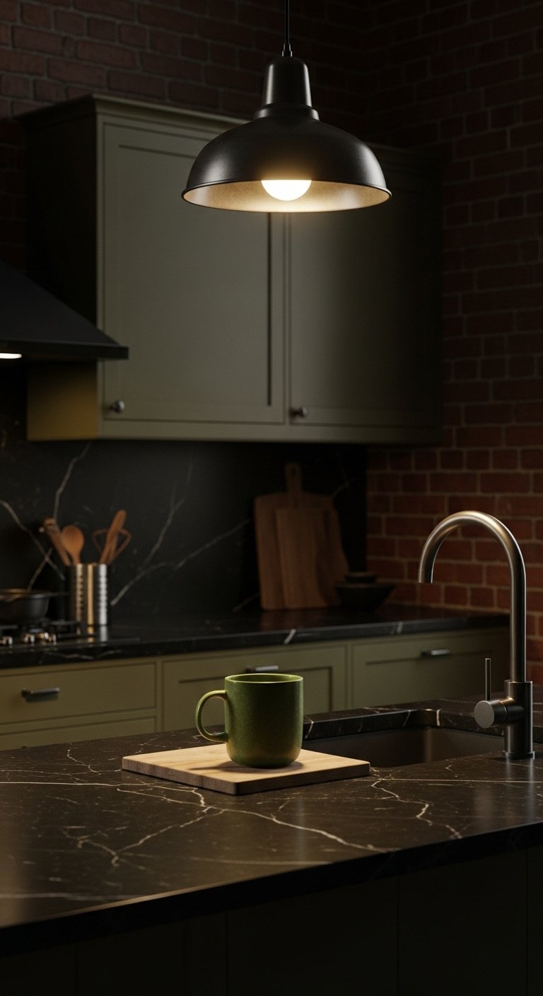 Industrial olive green kitchen cabinets with honed black stone countertops exposed brick wall matte black faucet stainless steel utensils