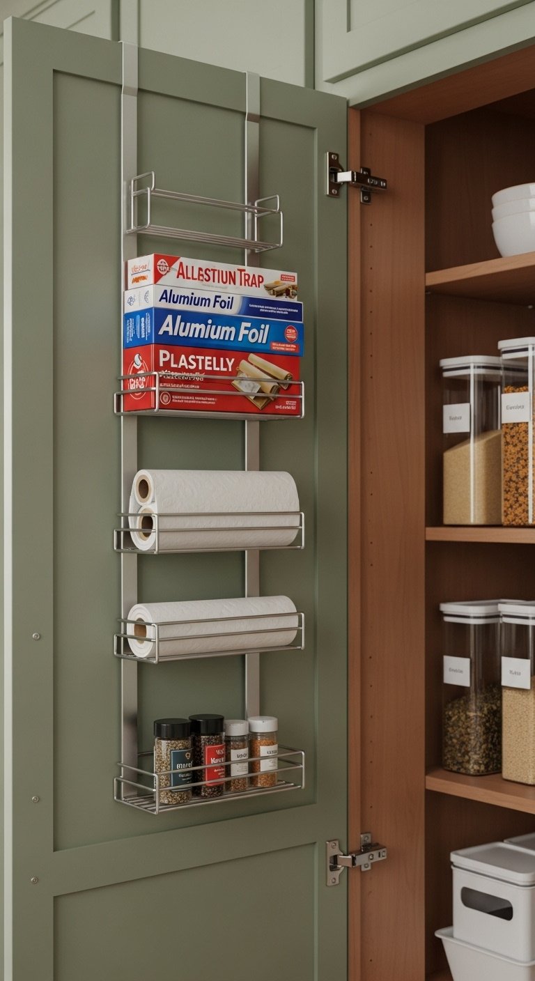 Inside a sage green pantry cabinet door with a silver metal organizer rack holding foil, wrap, and spice jars