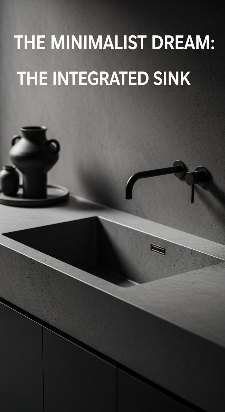 Integrated concrete sink with sharp lines and matte black wall-mounted faucet on a polished gray concrete countertop with dark pottery