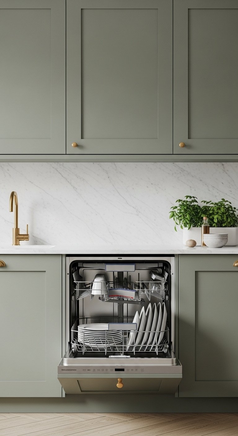 Integrated kitchen appliances with handleless matte sage green cabinets slightly ajar integrated dishwasher and marble countertop