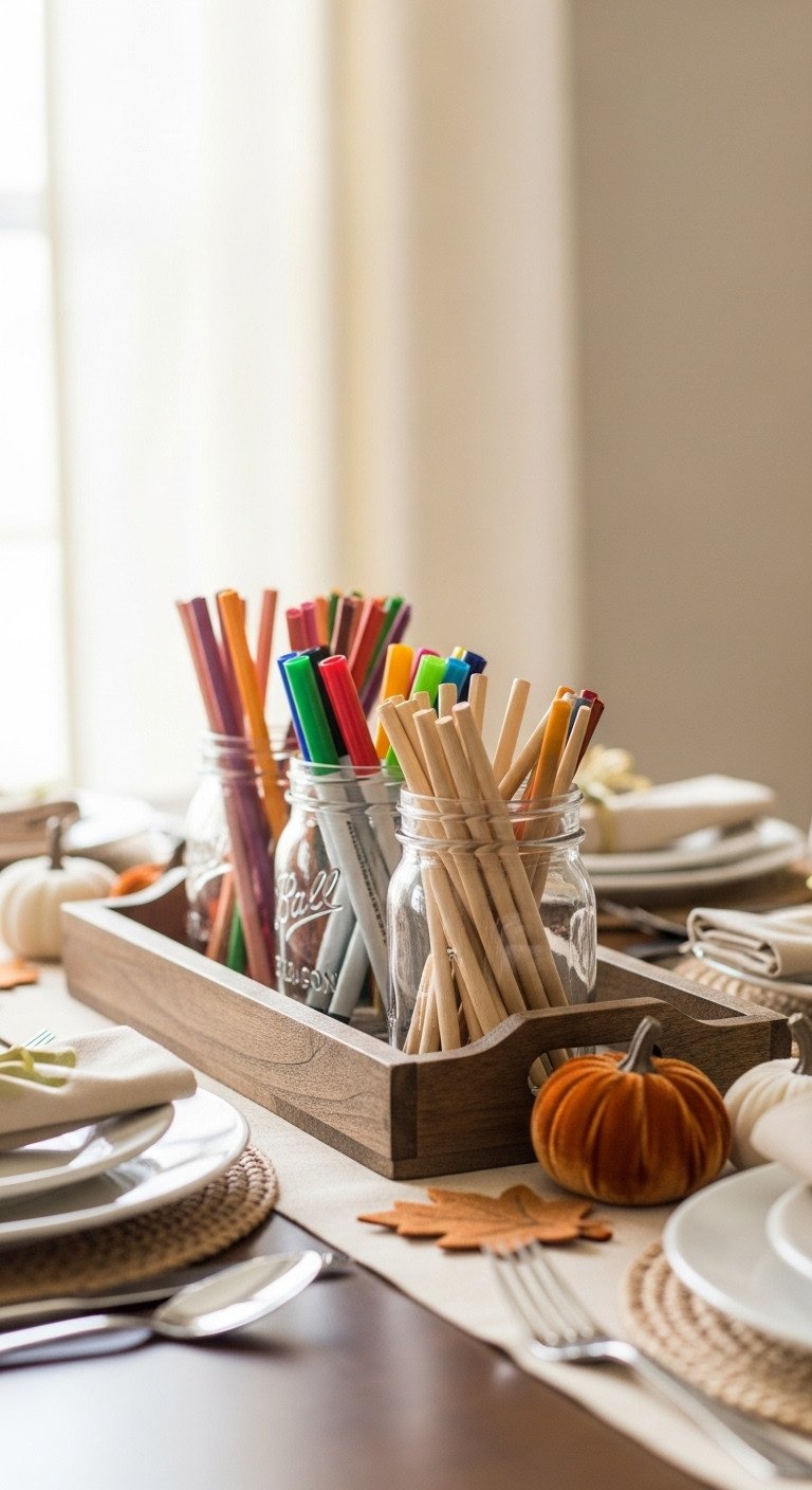 Interactive crayon and craft supply centerpiece for kids Thanksgiving table with mason jars crayons markers and craft sticks
