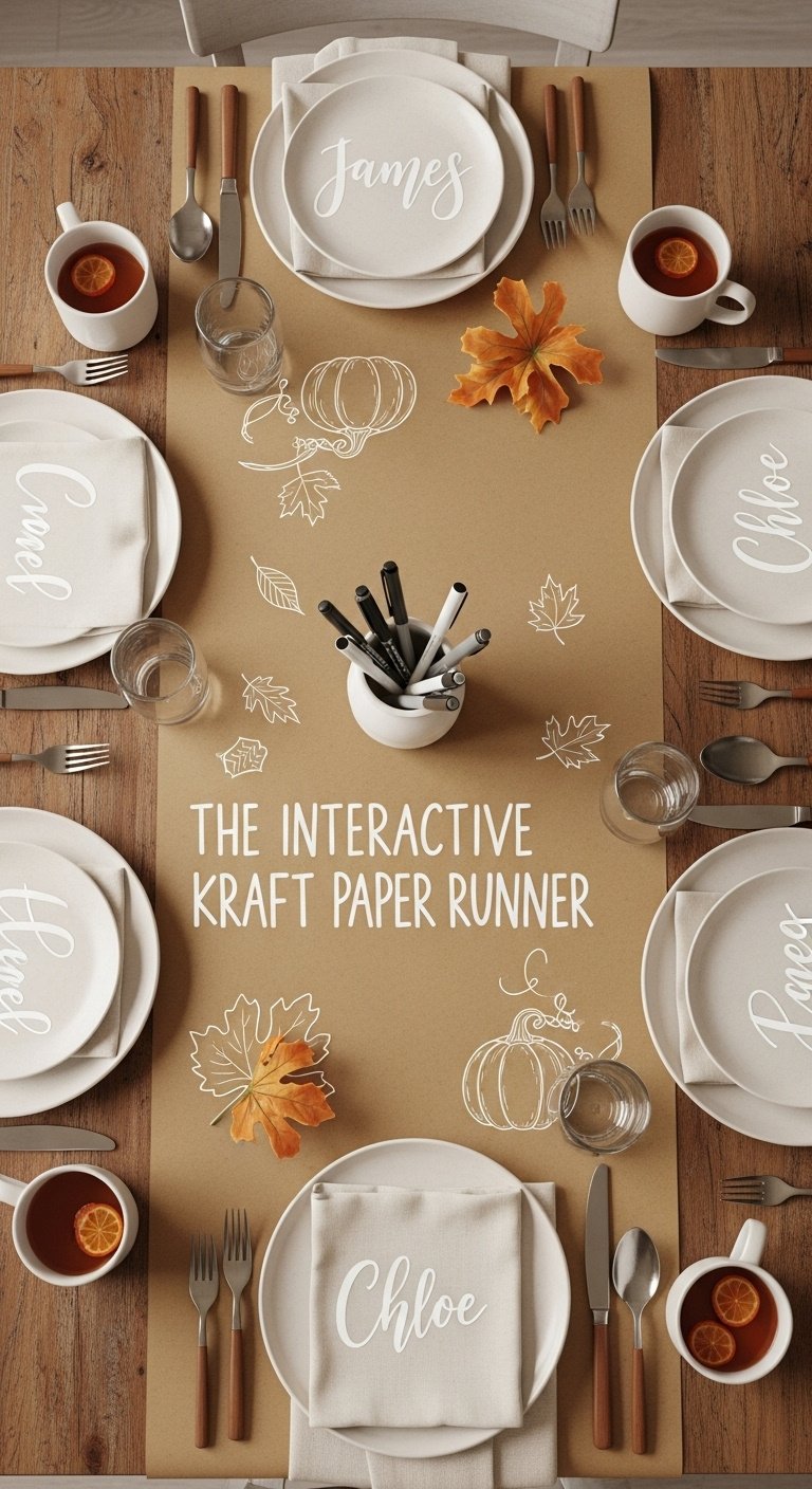 Interactive kraft paper runner for a fall tablescape with calligraphy names autumn doodles and a ceramic jar of pens