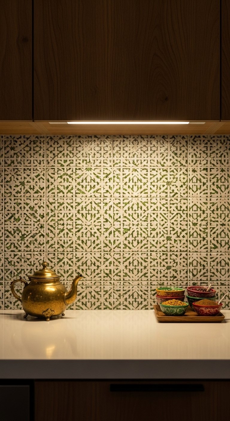 Intricate jade green Moroccan tile backsplash with white pattern warm wood cabinets and white countertop