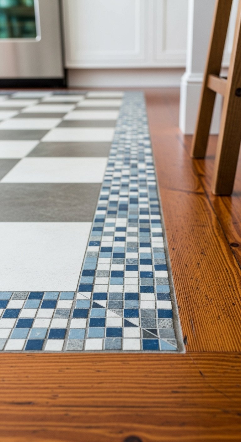 Intricate mosaic tile border separating checkerboard kitchen tile from rustic pine hardwood with bright studio light and vibrant energetic mood
