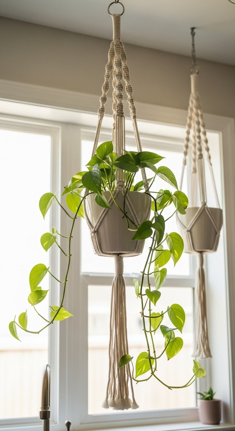 Intricate white macrame plant holder with trailing Pothos plant hanging in front of kitchen window