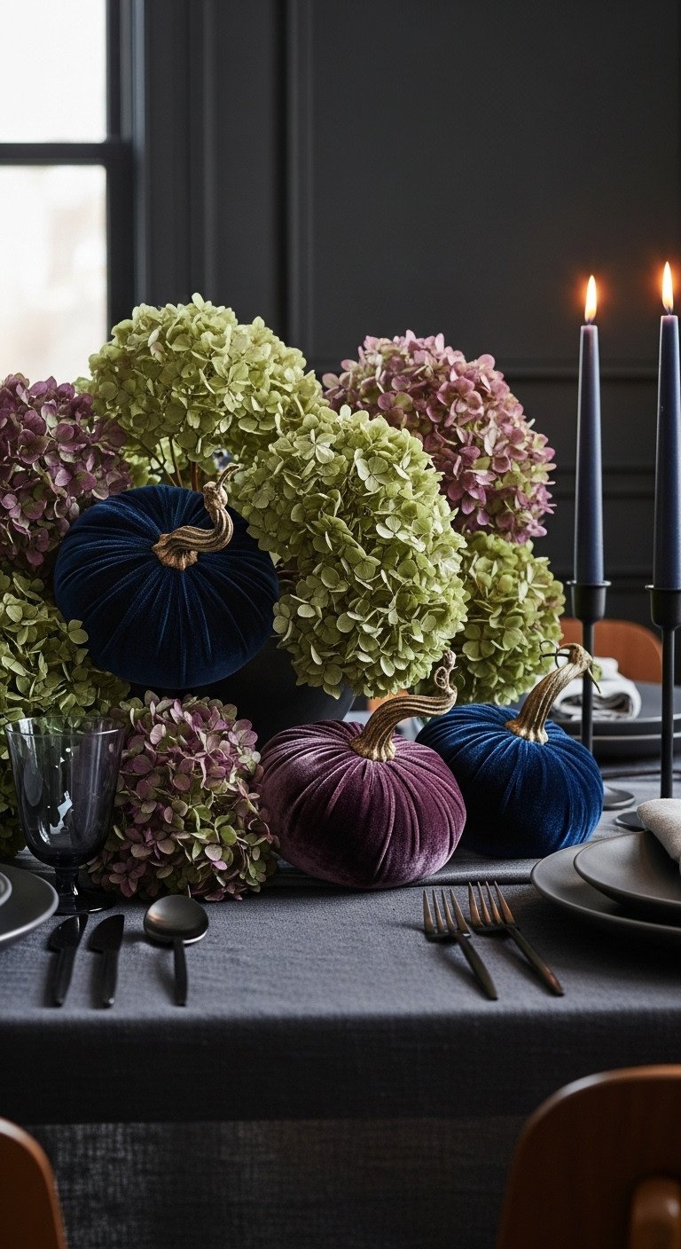 Jewel-tone velvet pumpkins and dried hydrangeas centerpiece on a dark gray tablecloth for Thanksgiving round table decor
